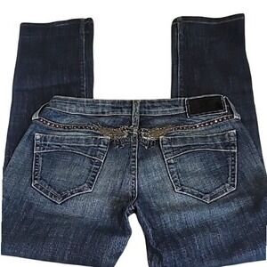Robin's Jeans Women‎ 28 Blue Low Rise  Crystal Rhinestone Wing Embroidery Y2K